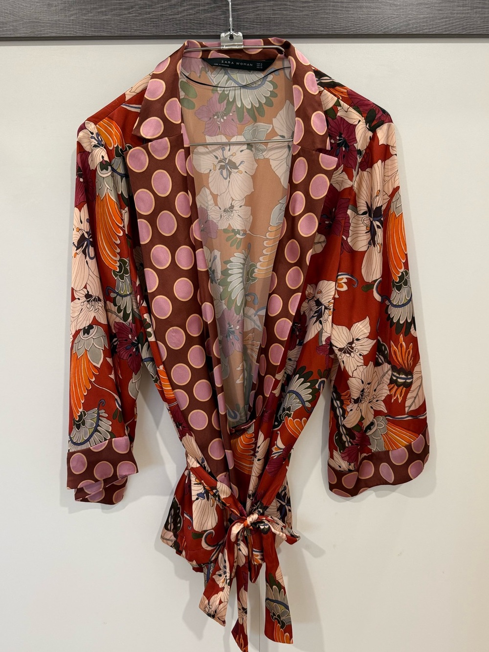 Zara Floral & Polka Dot Satin Wrap Kimono - Rust, Pink, Cream